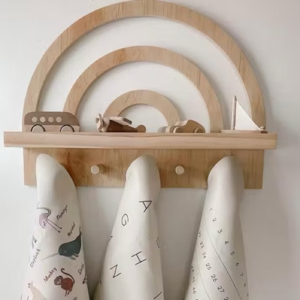 NEW Cloud Island Natural Wood Rainbow Wall Display Nursery Shelf with Hooks